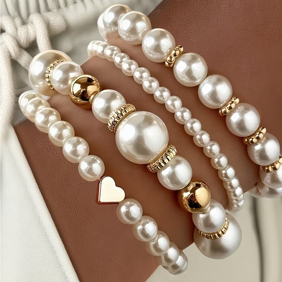 4pcs Elegant Vintage Minimalist CCB Imitation Pearl Beaded Bracelet Set w/Heart - Picture 4 of 9